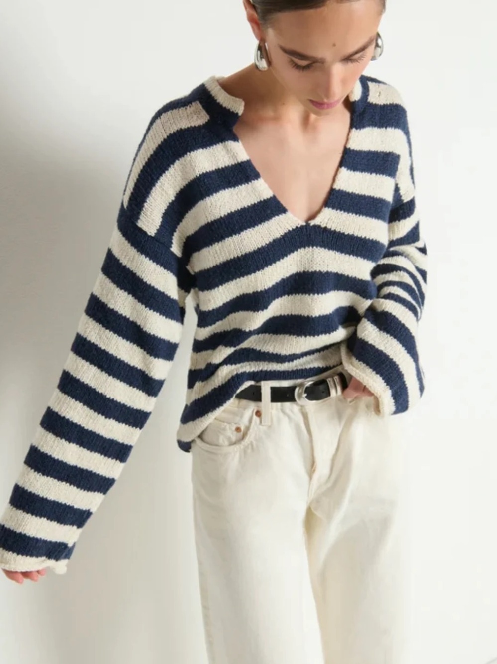 Nation LTD Navy and Cream Striped V‑Neck Sweater